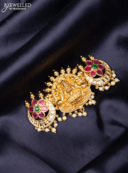Antique hair clip medium size lakshmi design with kemp & cz stones and pearl hangings