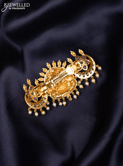 Antique hair clip medium size lakshmi design with kemp & cz stones and pearl hangings