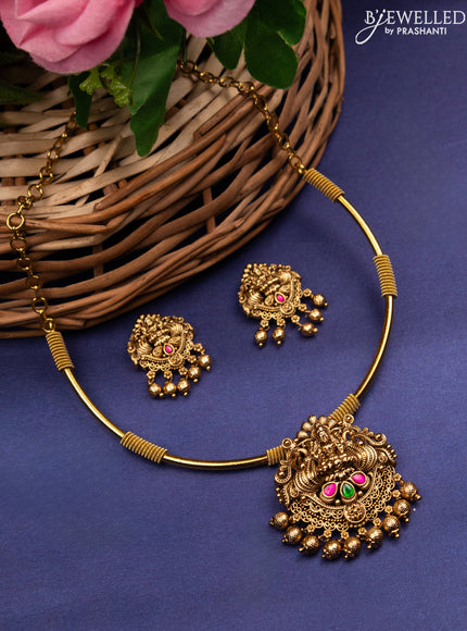 Antique ring type choker lakshmi design with kemp stones and golden beads hanging