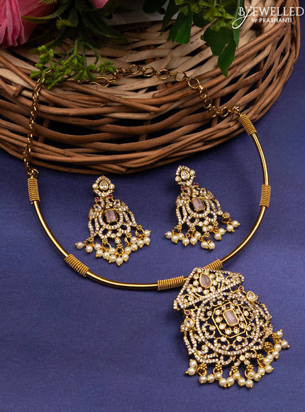 Antique ring type choker with baby pink & cz stones and pearl hangings