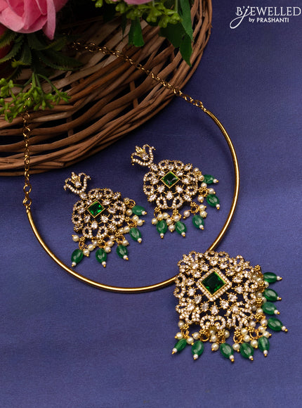 Antique ring type choker with emerald & cz stones and beads hanging