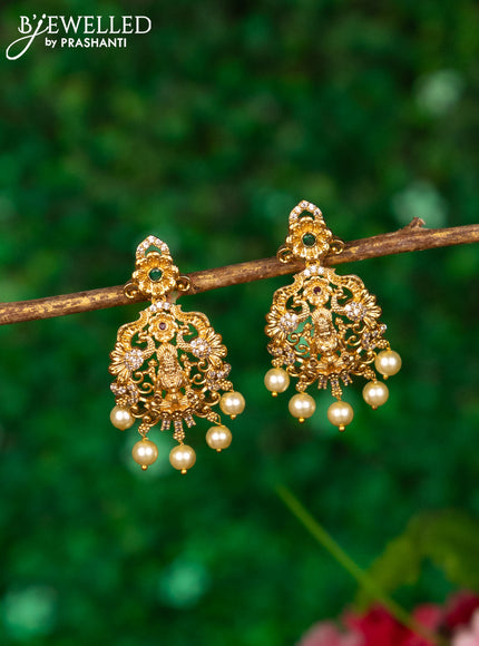 Antique earrings lakshmi design with kemp & cz stones and pearl hangings
