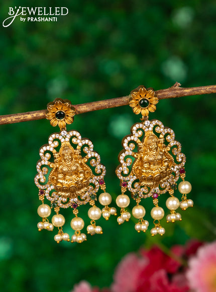 Antique earrings lakshmi design with kemp & cz stones and pearl hangings