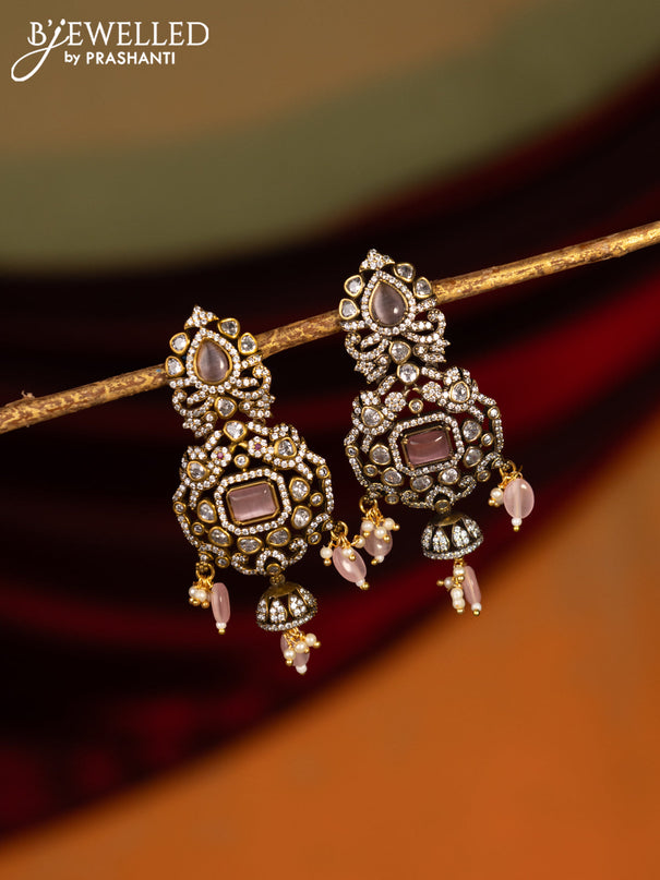 Victorian finish earrings with baby pink & cz stones and beads hanging
