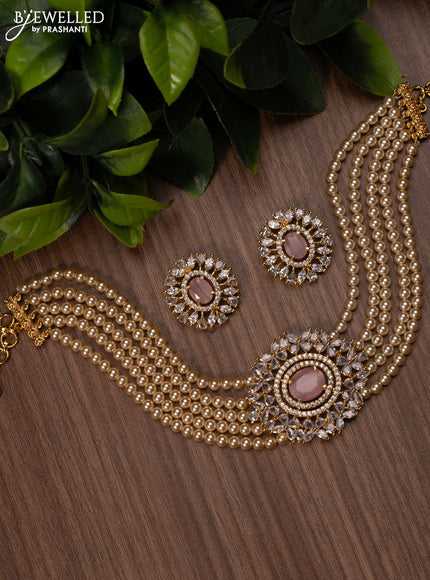 Pearl choker with baby pink and cz stones