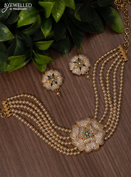 Pearl choker floral design with mint green and cz stones