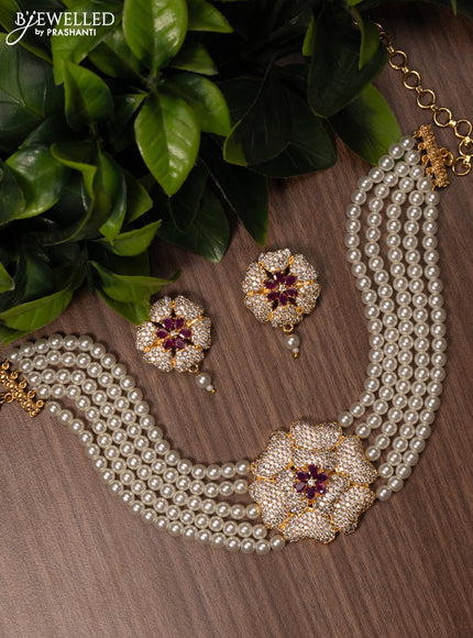 Pearl choker floral design with ruby and cz stones