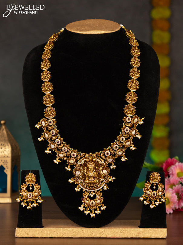 Antique haaram lakshmi design with kemp & cz stones and pearl hangings