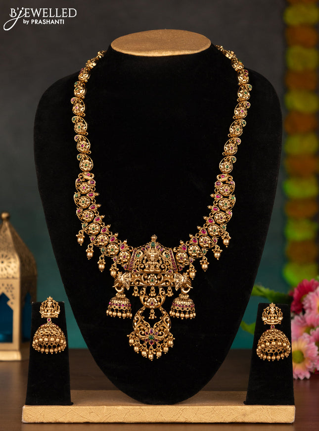 Antique haaram lakshmi design with kemp stones and golden beads hanging