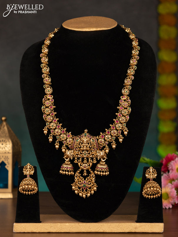 Antique haaram lakshmi design with kemp stones and golden beads hanging