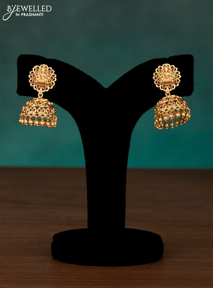 Antique haaram lakshmi & peacock design with pink kemp stones and golden beads hanging