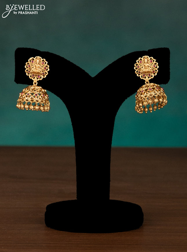 Antique haaram lakshmi & peacock design with pink kemp stones and golden beads hanging