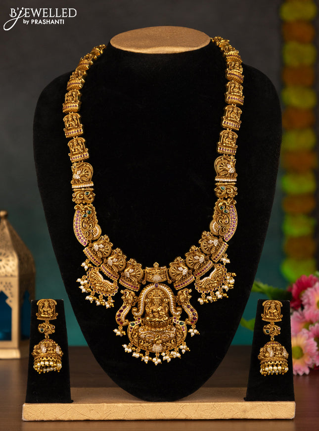Antique haaram lakshmi design with kemp & cz stones and pearl hangings