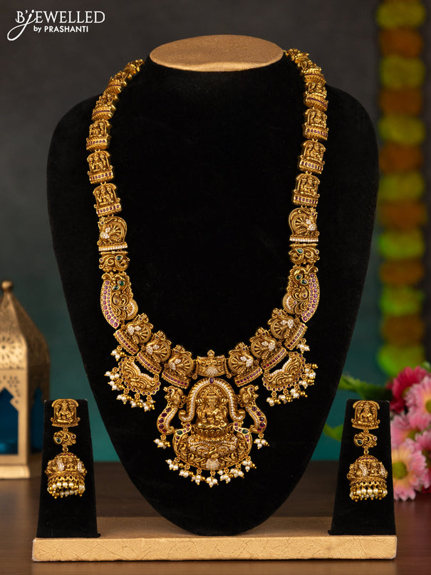 Antique haaram lakshmi design with kemp & cz stones and pearl hangings