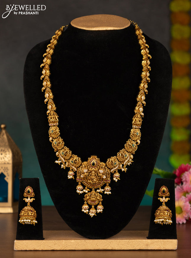 Antique haaram lakshmi design with kemp & cz stones and pearl hangings