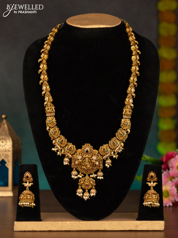 Antique haaram lakshmi design with kemp & cz stones and pearl hangings