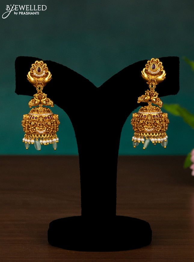 Antique haaram lakshmi design with kemp & cz stones and mint green beads hanging