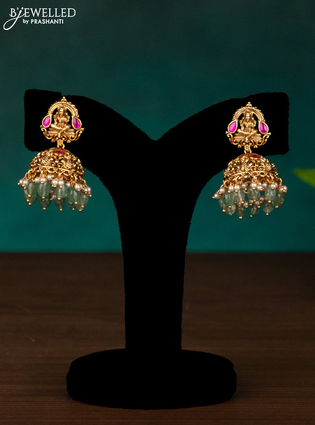Antique haaram lakshmi design with kemp stones and mint green beads hanging