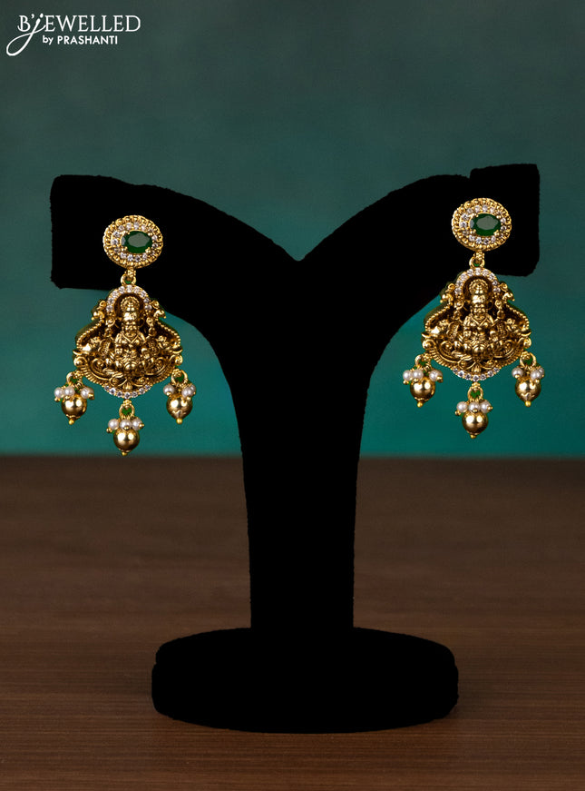 Antique haaram lakshmi design with green kemp & cz stones and golden beads hanging