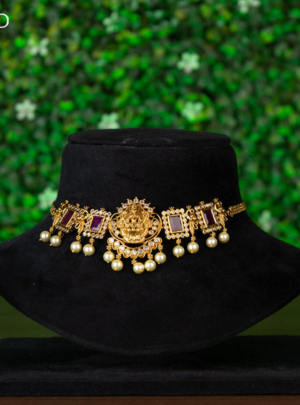 Antique choker lakshmi design with pink kemp & cz stones and pearl hangings