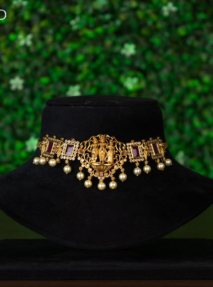 Antique choker ram darbar design with pink kemp & cz stones and pearl hangings