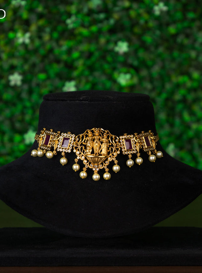 Antique choker ram darbar design with pink kemp & cz stones and pearl hangings