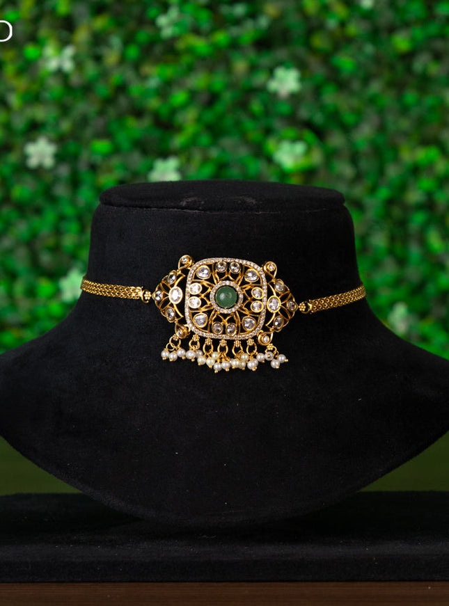 Antique choker with mint green & cz stones and pearl hangings