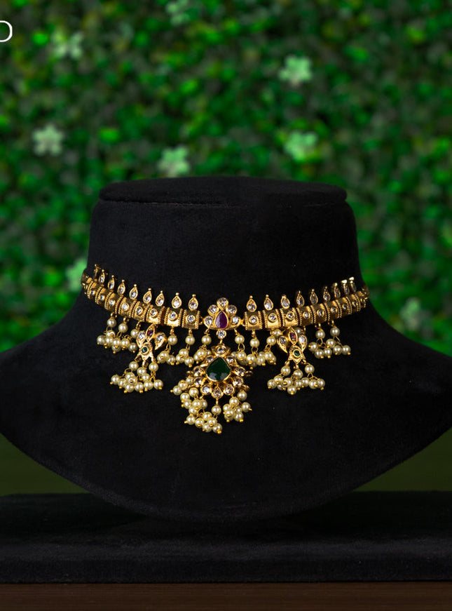 Antique choker with kemp & cz stones and pearl hangings