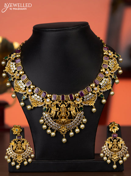 Antique necklace lakshmi design with kemp & cz stones and pearl hangings