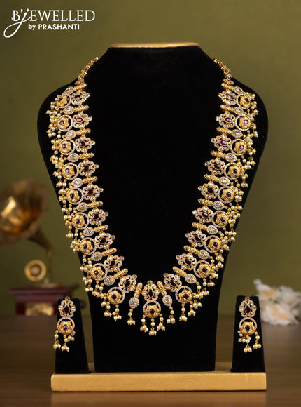 Antique guttapusalu haaram with pink kemp & cz stones and pearl hangings