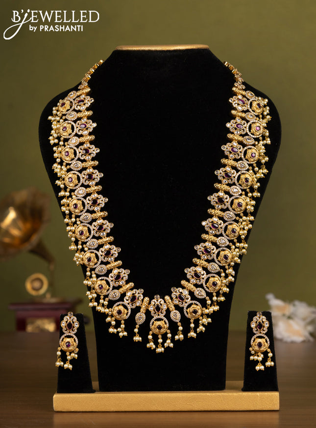 Antique guttapusalu haaram with pink kemp & cz stones and pearl hangings