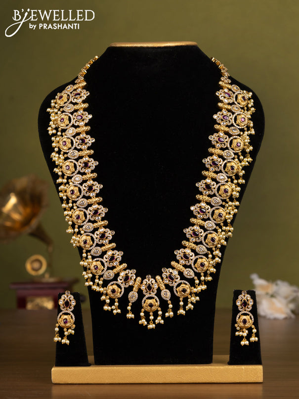 Antique guttapusalu haaram with pink kemp & cz stones and pearl hangings