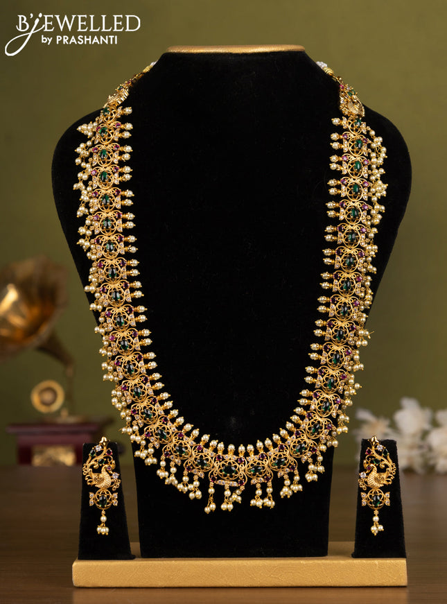Antique guttapusalu haaram with kemp & cz stones and pearl hangings
