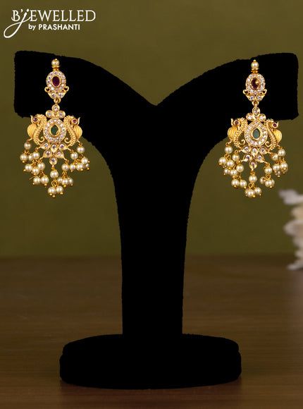 Antique guttapusalu haaram lakshmi & peacock design with kemp & cz stones and pearl hangings