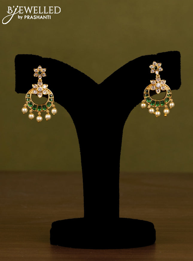 Antique guttapusalu haaram chandbali design with green kemp & cz stones and pearl hangings