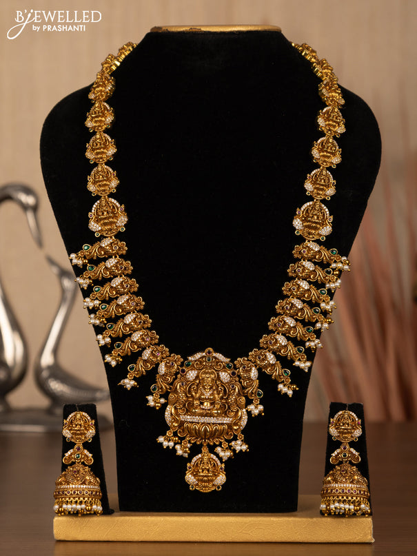 Antique haaram lakshmi design with kemp & cz stones and pearl hangings