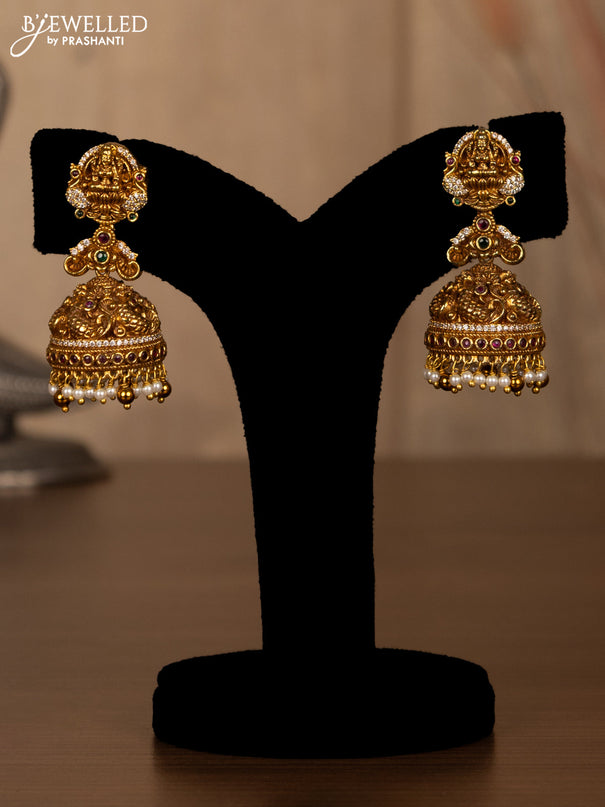Antique haaram lakshmi design with kemp & cz stones and pearl hangings