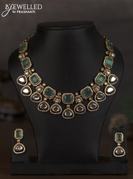 Necklace with mint green & kundan and cz stones in victorian finish