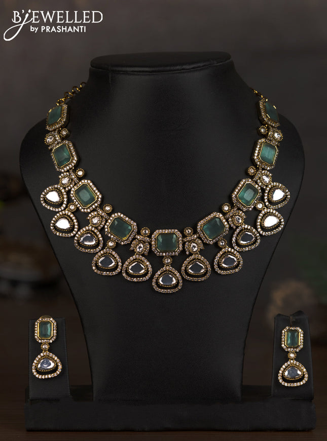 Necklace with mint green & kundan and cz stones in victorian finish