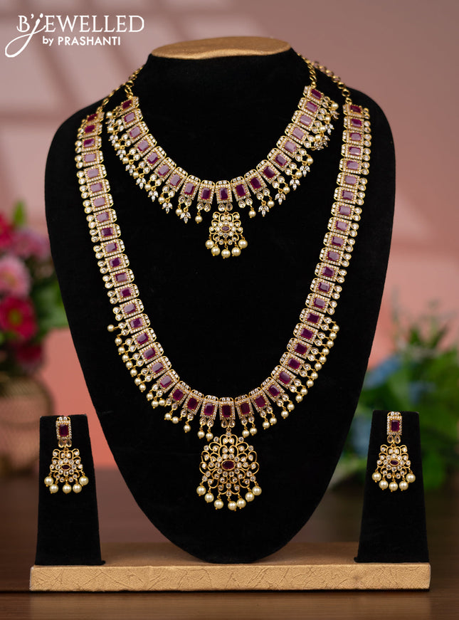 Antique guttapusalu combo set with pink kemp & cz stones and pearl hangings