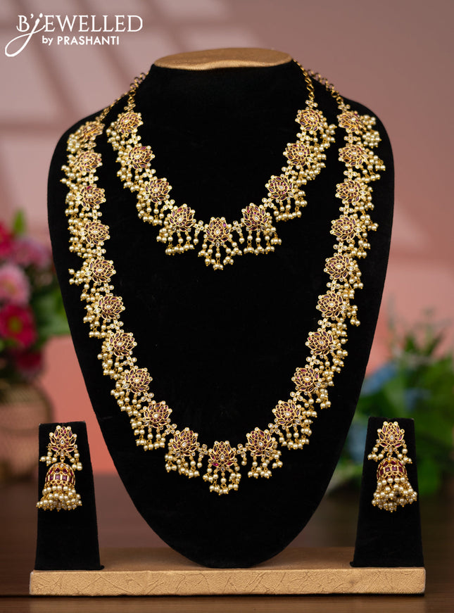 Antique guttapusalu combo set lotus design with pink kemp & kundan stones and pearl hangings