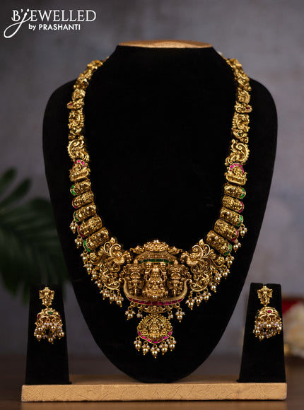 Antique haaram lakshmi design with jadau stones and pearl & golden beads hanging