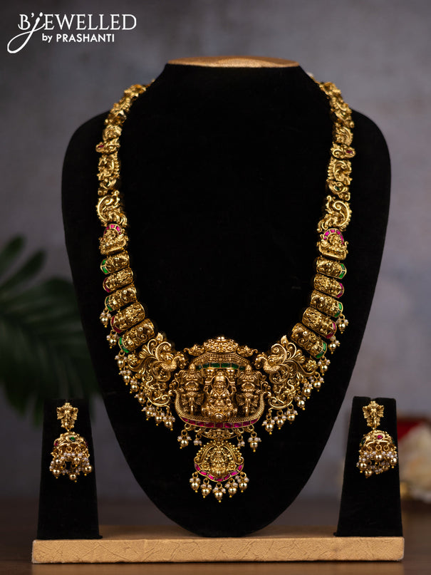 Antique haaram lakshmi design with jadau stones and pearl & golden beads hanging
