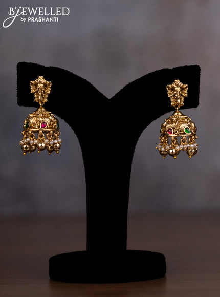 Antique haaram lakshmi design with jadau stones and pearl & golden beads hanging