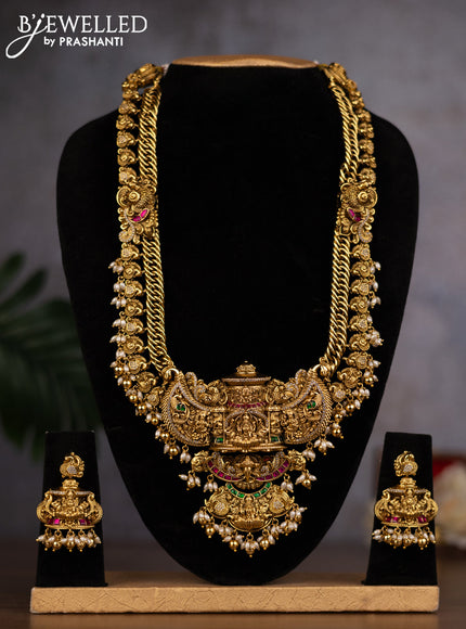 Antique haaram lakshmi design with jadau stones and pearl & golden beads hangings