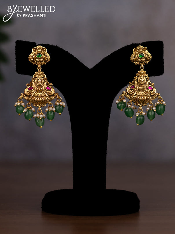 Antique haaram lakshmi design with jadau stones and green beads hanging