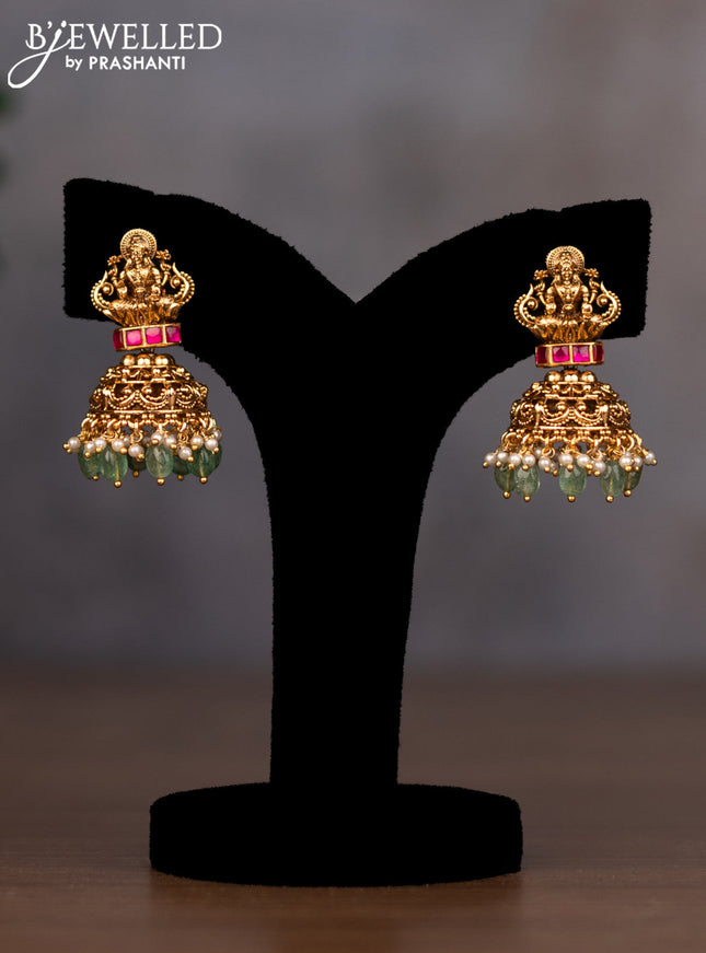 Antique necklace lakshmi design with pink jadau stones and green beads hanging