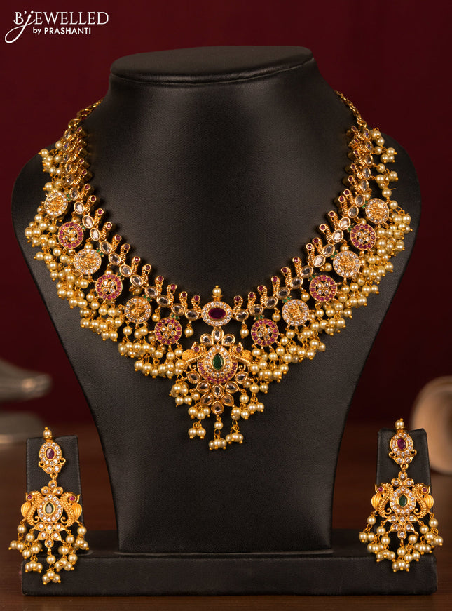 Antique guttapusalu necklace peacock & lakshmi design with kemp & cz stones and pearl hangings