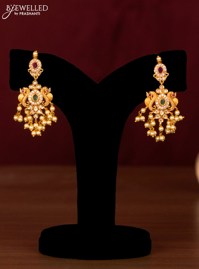 Antique guttapusalu necklace peacock & lakshmi design with kemp & cz stones and pearl hangings