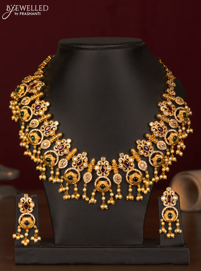 Antique guttapusalu necklace with kemp & cz stones and pearl hangings